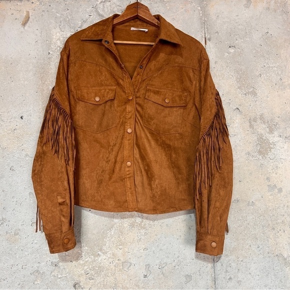 The Be brand cognac tan faux suede fringe button up shacket button up medium - Picture 1 of 6